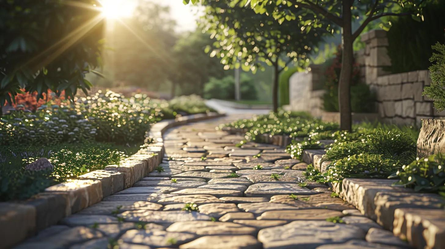 a beautifully crafted outdoor space featuring elegant hardscaping elements like stone pathways and retaining walls, bathed in warm afternoon sunlight that highlights the lush greenery surrounding the area. a beautifully crafted outdoor space featuring elegant hardscaping elements like stone pathways and retaining walls, bathed in warm afternoon sunlight that highlights the lush greenery surrounding the area.