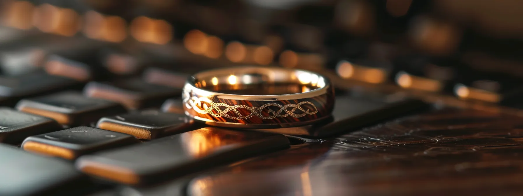 a beautifully crafted tungsten ring, elegantly displayed on a sleek, modern office desk, features intricate engravings intertwined with a rich wood inlay, symbolizing personal connection and individuality against a backdrop of soft, ambient lighting that enhances its unique design. a beautifully crafted tungsten ring, elegantly displayed on a sleek, modern office desk, features intricate engravings intertwined with a rich wood inlay, symbolizing personal connection and individuality against a backdrop of soft, ambient lighting that enhances its unique design.