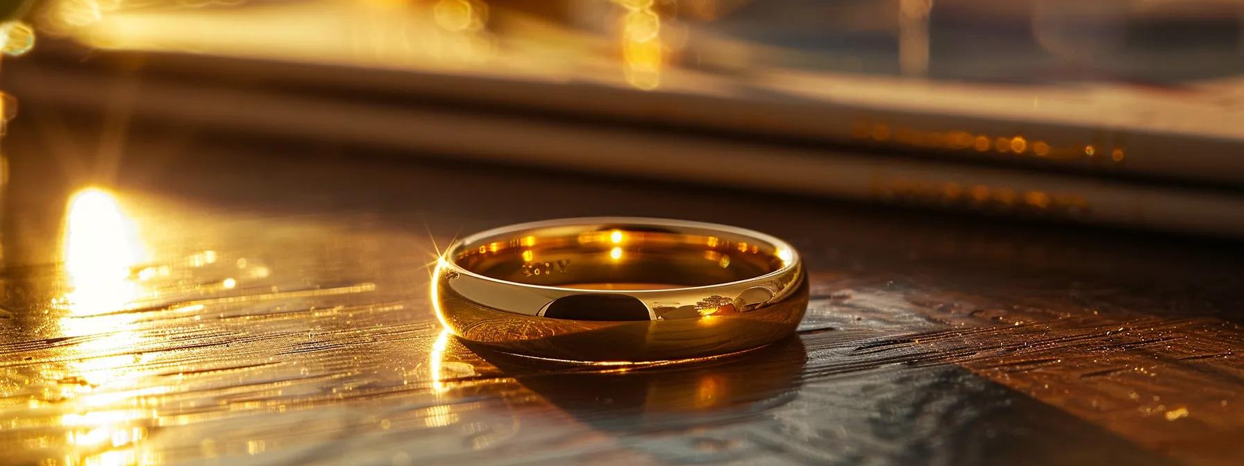 a beautifully crafted yellow gold wedding band, prominently displayed on a sleek, elegant office desk, captures the warm hue and timeless essence of love and commitment, surrounded by soft ambient lighting that enhances its luxurious shine. a beautifully crafted yellow gold wedding band, prominently displayed on a sleek, elegant office desk, captures the warm hue and timeless essence of love and commitment, surrounded by soft ambient lighting that enhances its luxurious shine.
