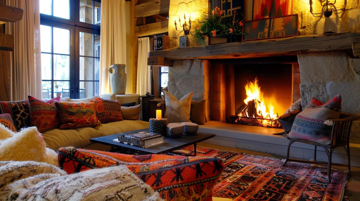 a beautifully curated living room blends modern minimalism and cozy rustic elements, featuring a striking fireplace and an array of vibrant, eclectic textiles that create an inviting and harmonious space. a beautifully curated living room blends modern minimalism and cozy rustic elements, featuring a striking fireplace and an array of vibrant, eclectic textiles that create an inviting and harmonious space.