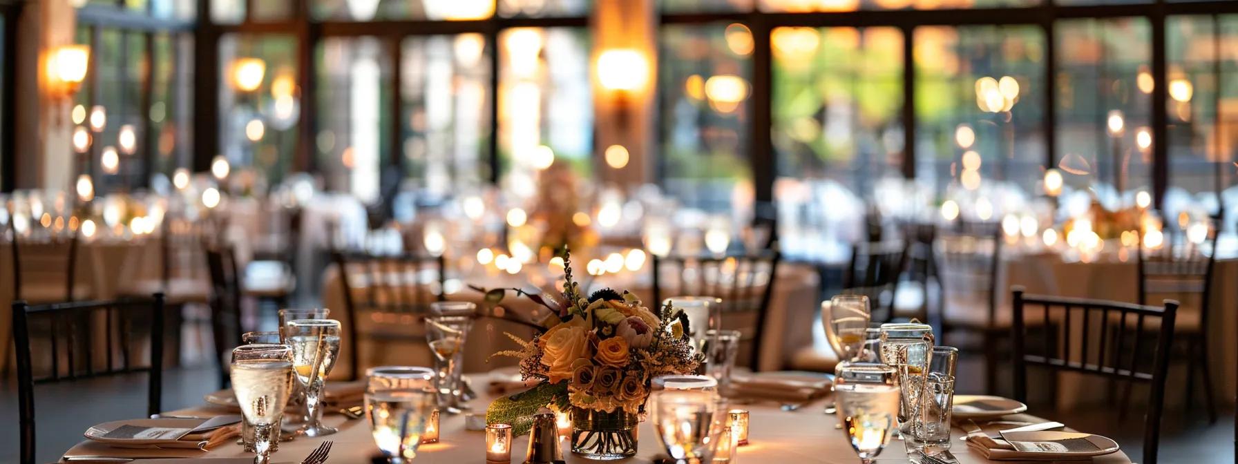 a beautifully-arranged wedding venue with elegantly set tables, showcasing an intimate atmosphere, perfectly matched to a bustling guest list, with a soft, warm ambiance created by strategically placed lighting fixtures.