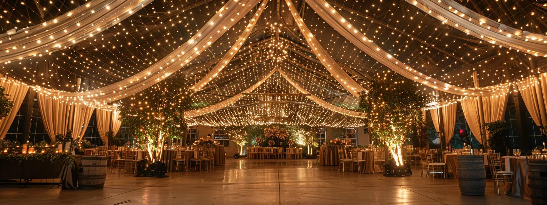 a beautifully decorated event space bathed in the soft, warm glow of elegantly draped string lights, creating an inviting and intimate atmosphere for a celebratory gathering.