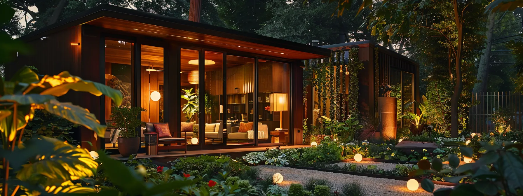 a beautifully designed accessory dwelling unit nestled in a vibrant garden, showcasing modern furnishings and warm ambient lighting that invites both comfort and functionality, emphasizing the growing trend of stylish home additions. a beautifully designed accessory dwelling unit nestled in a vibrant garden, showcasing modern furnishings and warm ambient lighting that invites both comfort and functionality, emphasizing the growing trend of stylish home additions.