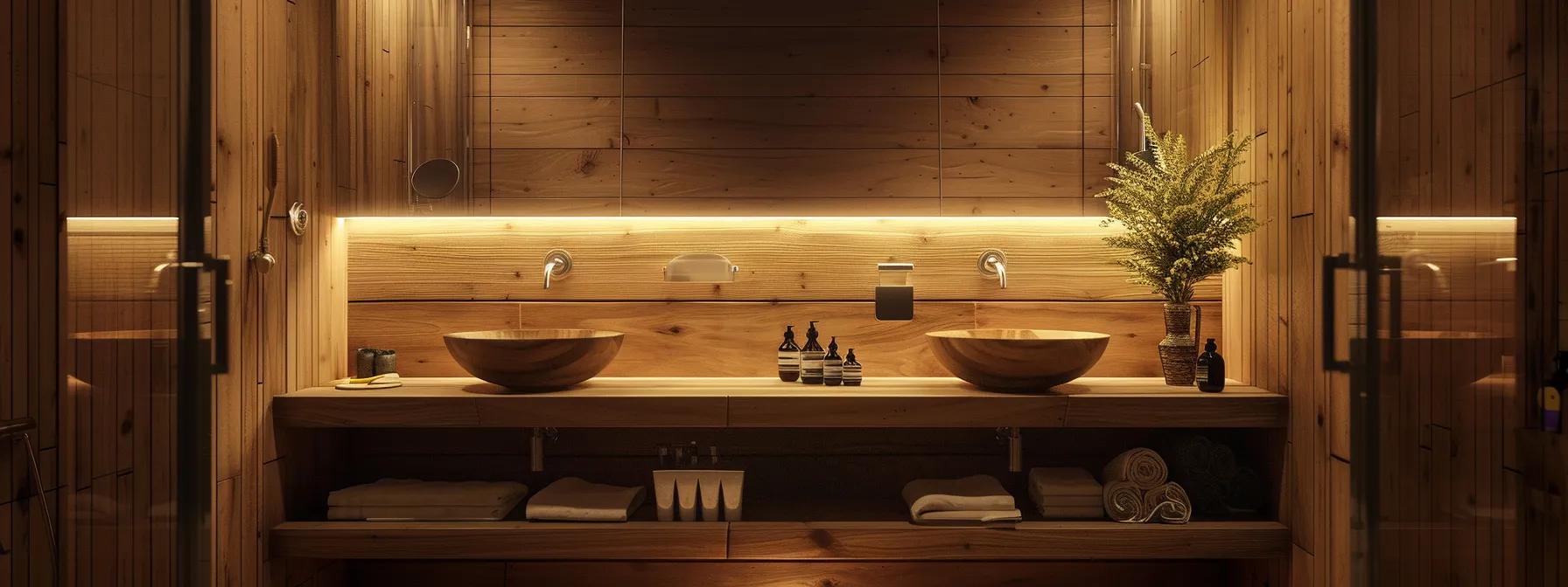 a beautifully designed amish-inspired bathroom showcases a harmonious blend of rustic wooden elements and sleek modern fixtures, illuminated by warm, ambient lighting that highlights the refined simplicity and practicality of the space. a beautifully designed amish-inspired bathroom showcases a harmonious blend of rustic wooden elements and sleek modern fixtures, illuminated by warm, ambient lighting that highlights the refined simplicity and practicality of the space.