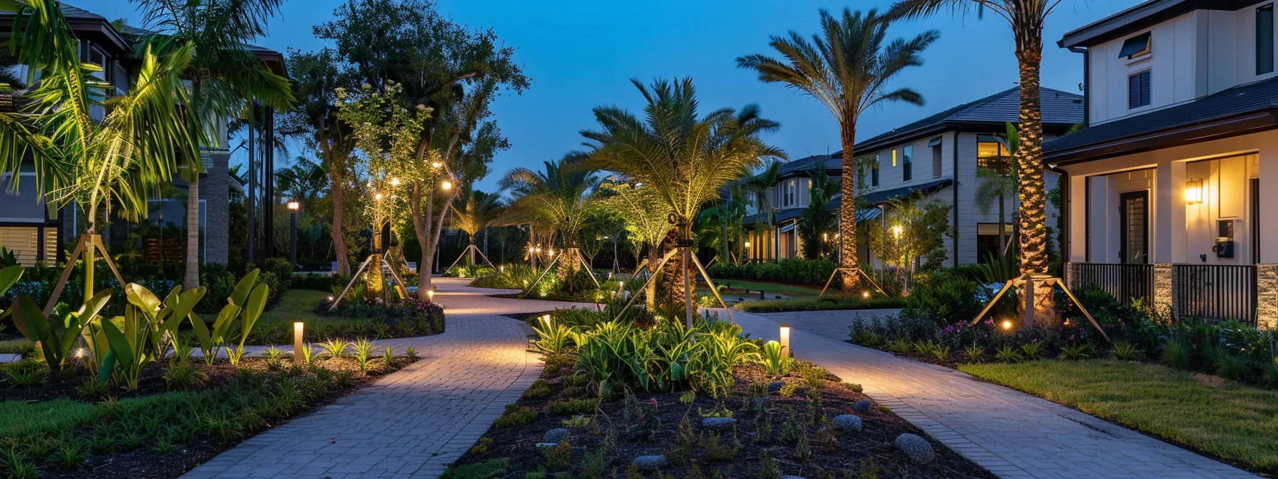 a beautifully designed hoa community in st. cloud, florida, features professionally landscaped gardens illuminated by modern lighting, creating a warm and inviting atmosphere that enhances property appeal and safety. a beautifully designed hoa community in st. cloud, florida, features professionally landscaped gardens illuminated by modern lighting, creating a warm and inviting atmosphere that enhances property appeal and safety.