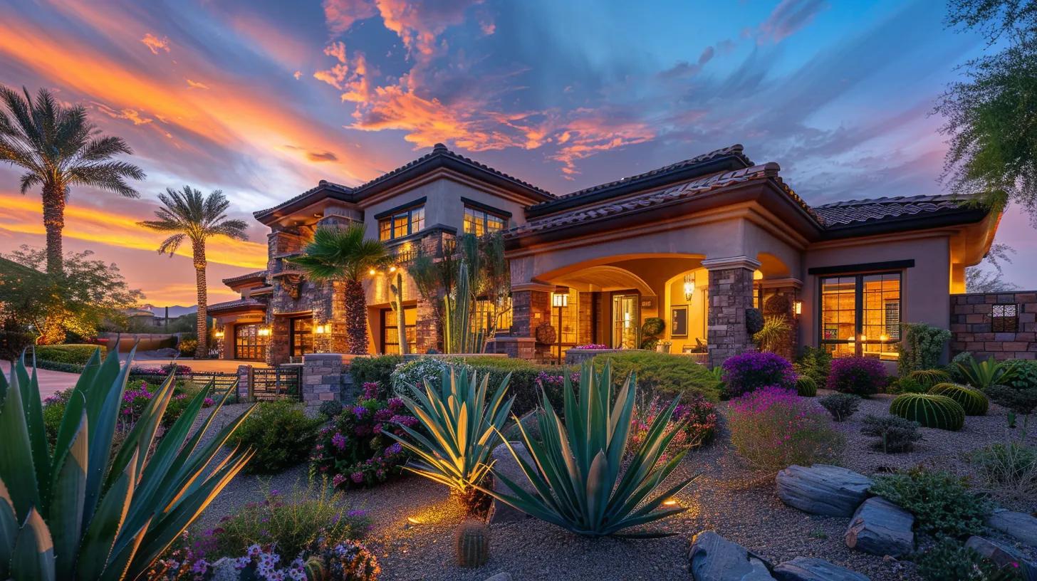 a beautifully designed home showcases a harmonious blend of sleek interior finishes and vibrant exterior landscaping, bathed in warm, golden sunset light that highlights its inviting character. a beautifully designed home showcases a harmonious blend of sleek interior finishes and vibrant exterior landscaping, bathed in warm, golden sunset light that highlights its inviting character.