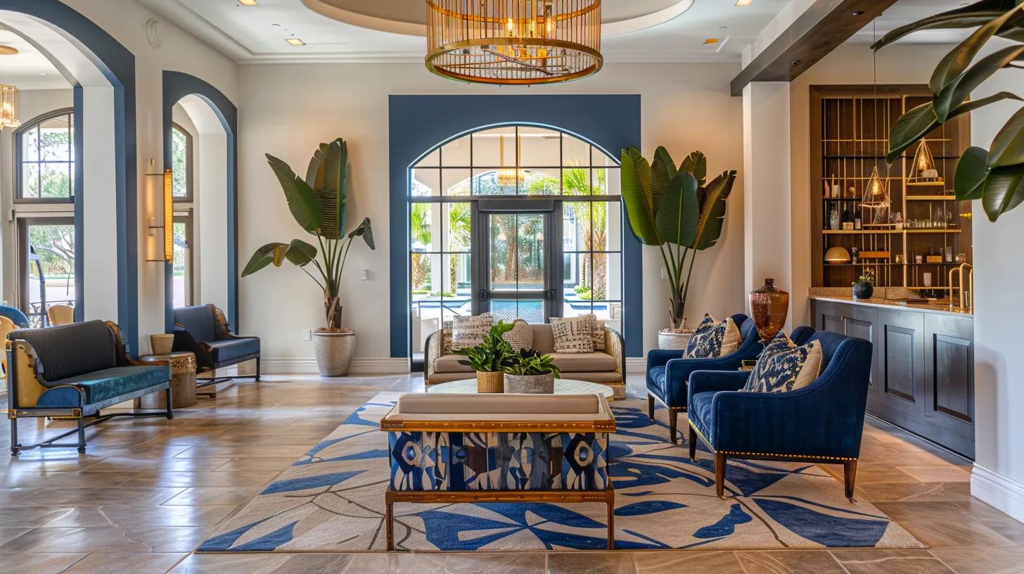 a beautifully designed living space showcases an elegant blend of modern and cultural elements, featuring deep blue accents, warm brass fixtures, and a harmonious arrangement that invites comfort and aesthetic appreciation. a beautifully designed living space showcases an elegant blend of modern and cultural elements, featuring deep blue accents, warm brass fixtures, and a harmonious arrangement that invites comfort and aesthetic appreciation.
