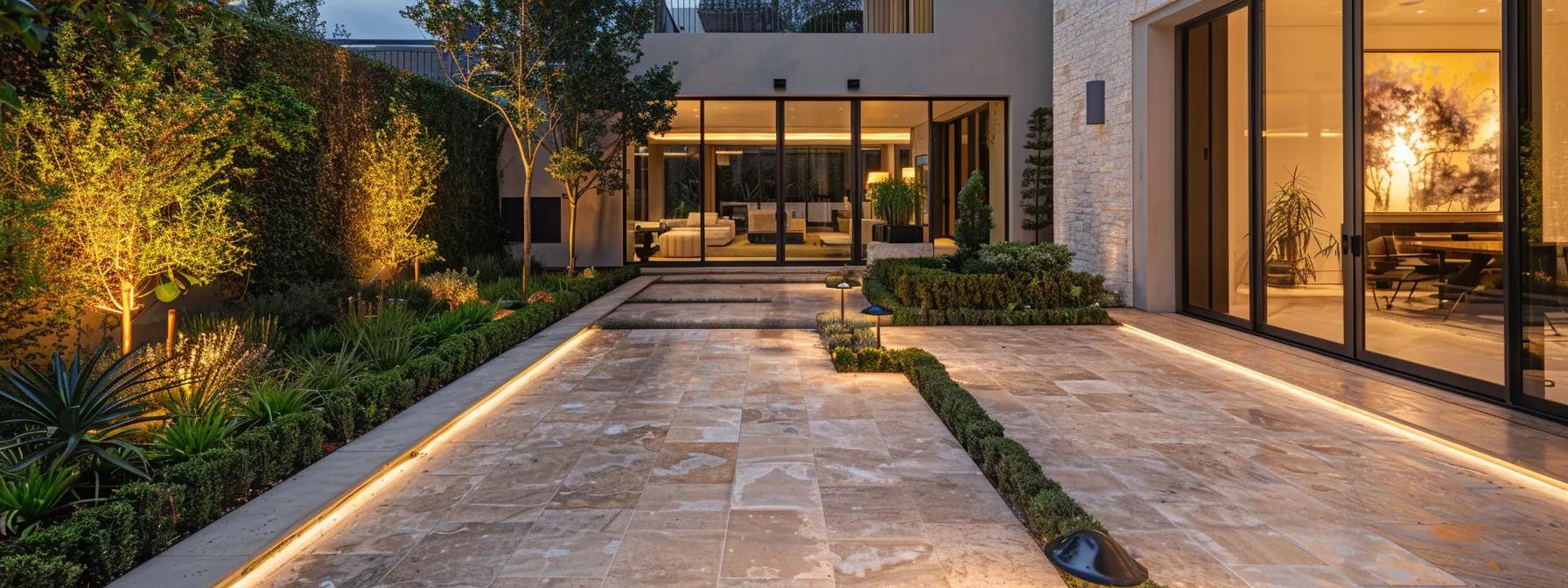 a beautifully designed residential courtyard paved with elegant stone tiles, featuring lush landscaping and efficient drainage systems, under soft evening light that highlights the textures and enhances the inviting atmosphere. a beautifully designed residential courtyard paved with elegant stone tiles, featuring lush landscaping and efficient drainage systems, under soft evening light that highlights the textures and enhances the inviting atmosphere.