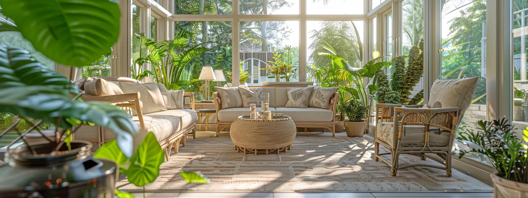 a beautifully designed sunroom bathed in natural light features airy, soft textures in a harmonious color palette, abundant greenery, and carefully arranged theme-based decor, inviting a sense of tranquility and warmth. a beautifully designed sunroom bathed in natural light features airy, soft textures in a harmonious color palette, abundant greenery, and carefully arranged theme-based decor, inviting a sense of tranquility and warmth.