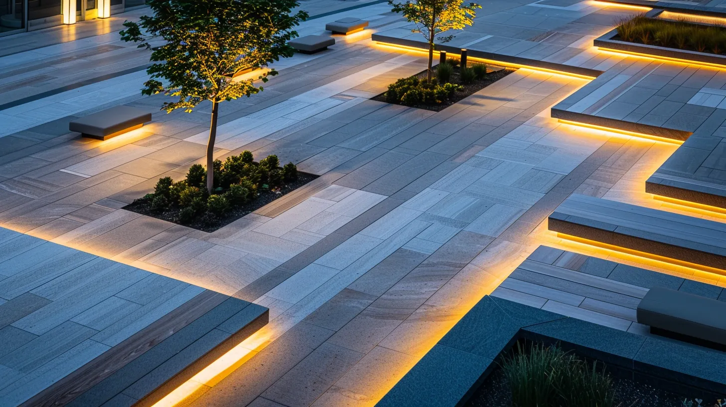 a beautifully designed urban patio showcases intricate hardscaping features, including elegant stone pathways and modern seating areas, all illuminated by sleek, ambient outdoor lighting. a beautifully designed urban patio showcases intricate hardscaping features, including elegant stone pathways and modern seating areas, all illuminated by sleek, ambient outdoor lighting.