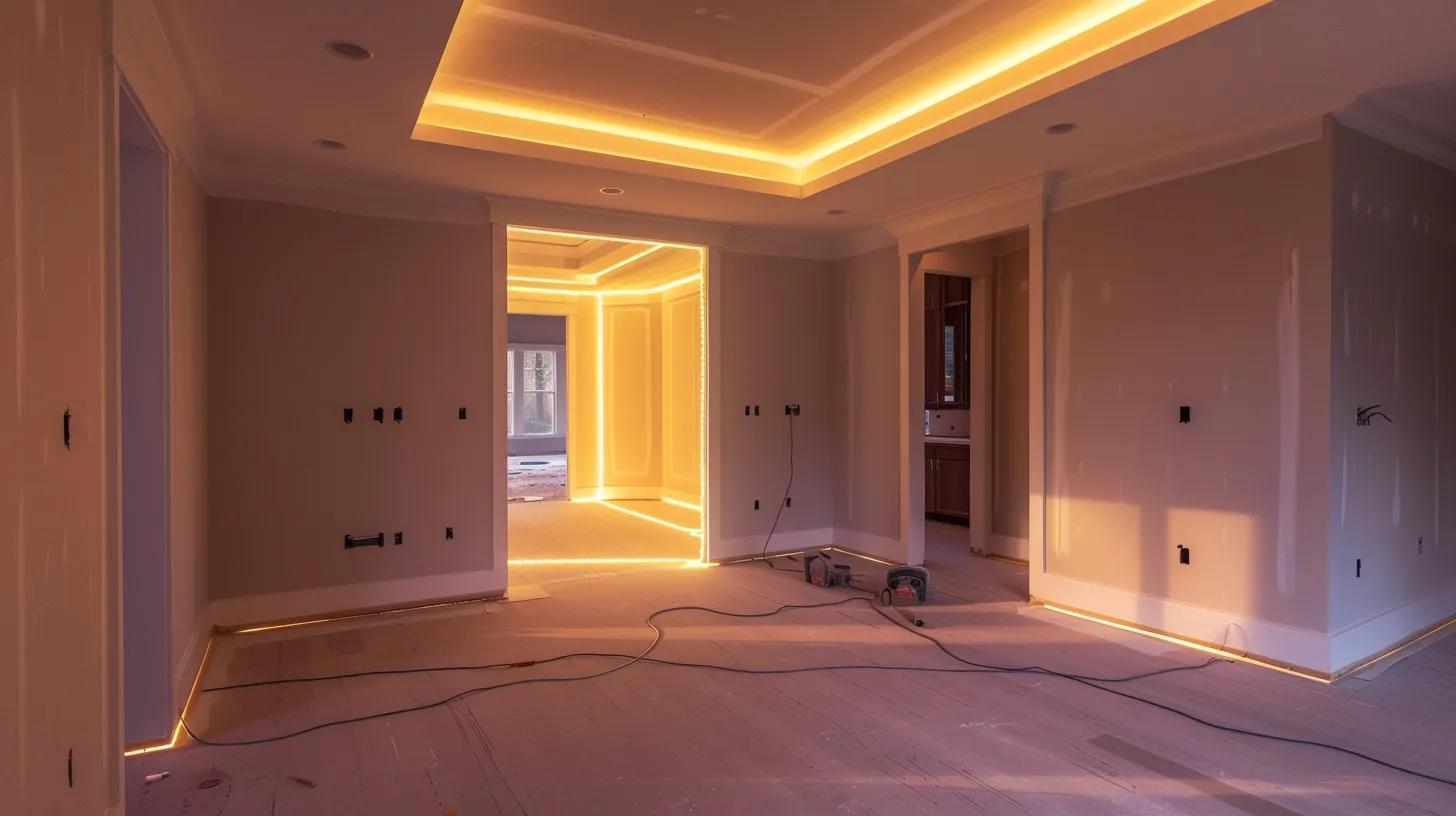a beautifully framed interior scene showcasing newly installed drywall, illuminated by soft, warm lighting, emphasizing the clean lines and inviting atmosphere of a custom home ready for personal touches. a beautifully framed interior scene showcasing newly installed drywall, illuminated by soft, warm lighting, emphasizing the clean lines and inviting atmosphere of a custom home ready for personal touches.