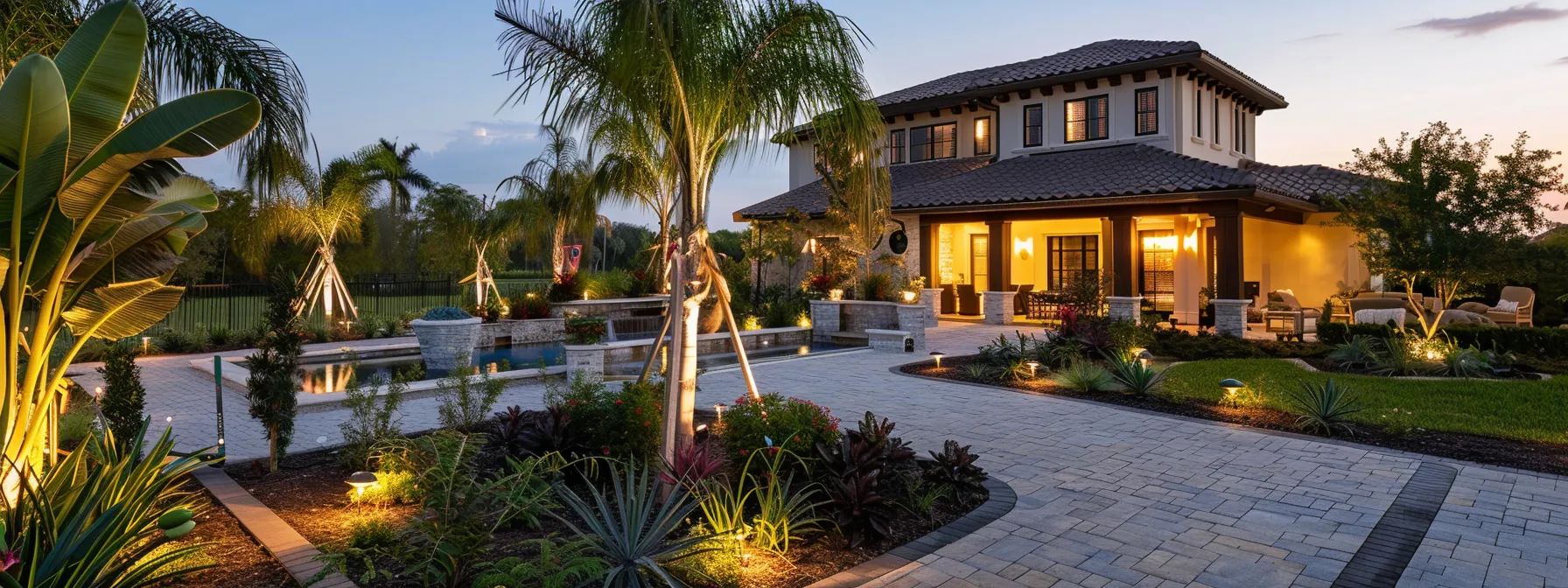 a beautifully illuminated outdoor living space in a stylish suburban neighborhood of kissimmee, showcasing exquisite landscaping with strategically placed lights that enhance the ambiance and highlight the elegance of the property during twilight. a beautifully illuminated outdoor living space in a stylish suburban neighborhood of kissimmee, showcasing exquisite landscaping with strategically placed lights that enhance the ambiance and highlight the elegance of the property during twilight.