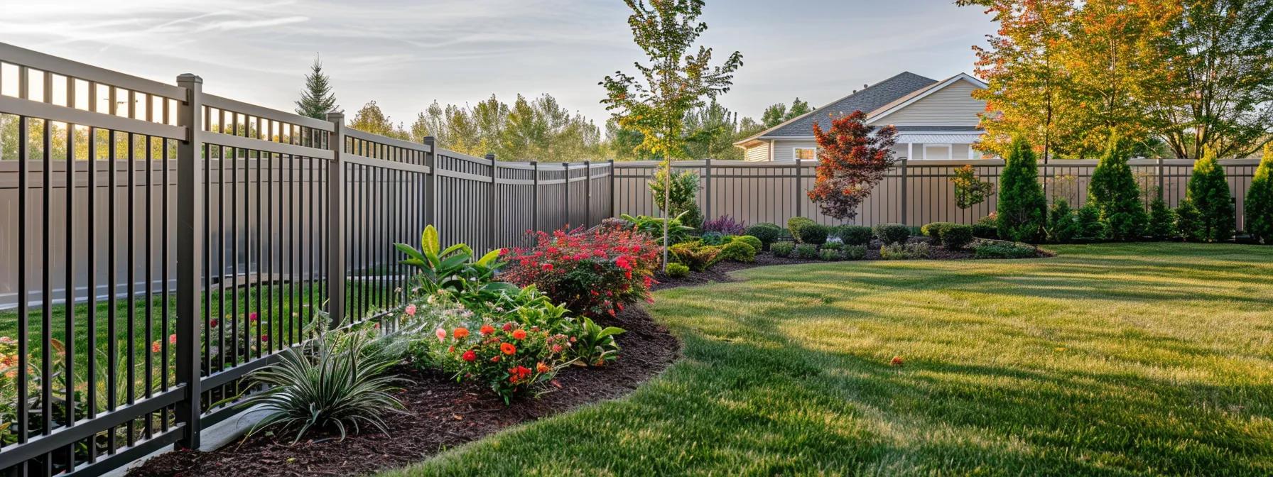 a beautifully landscaped yard showcases a sleek, metallic aluminum fence contrasted against a vibrant garden, embodying modern elegance and low-maintenance aesthetics. a beautifully landscaped yard showcases a sleek, metallic aluminum fence contrasted against a vibrant garden, embodying modern elegance and low-maintenance aesthetics.