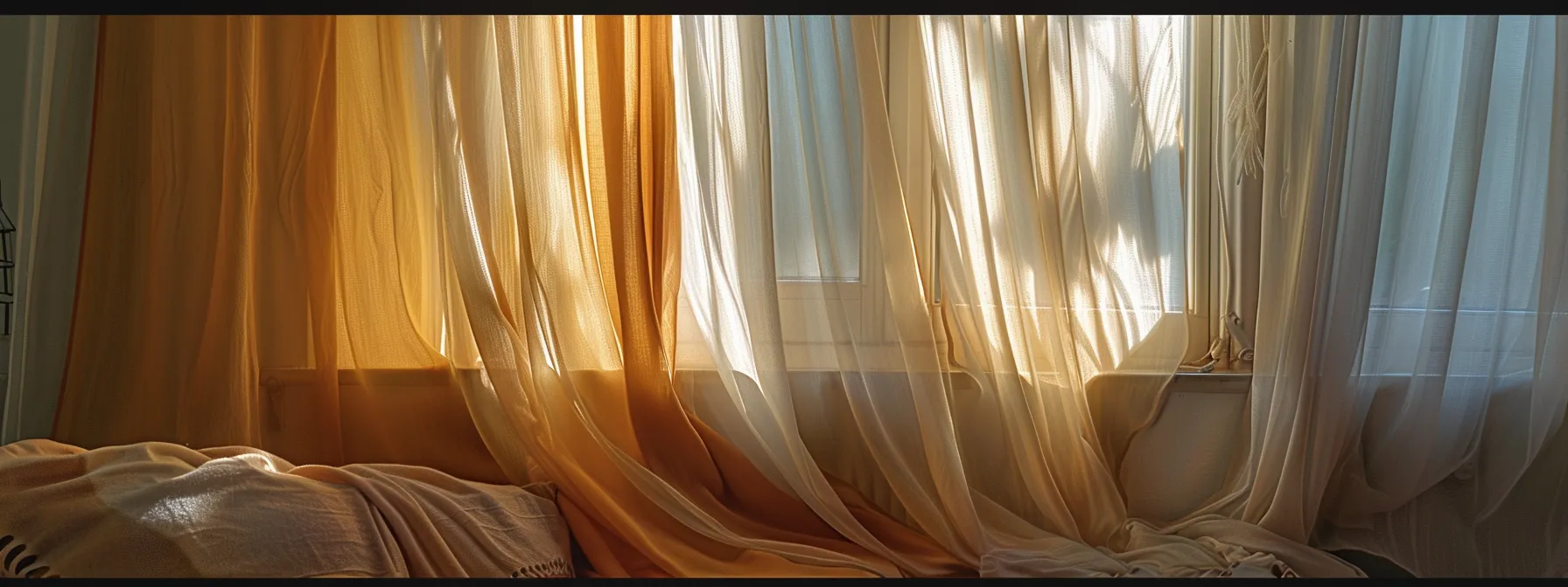 a beautifully lit room showcases a contrast between soft, ethereal sheer curtains gently diffusing sunlight and dark, luxurious blackout curtains creating a cozy, serene ambiance, highlighting the distinct qualities of each fabric.