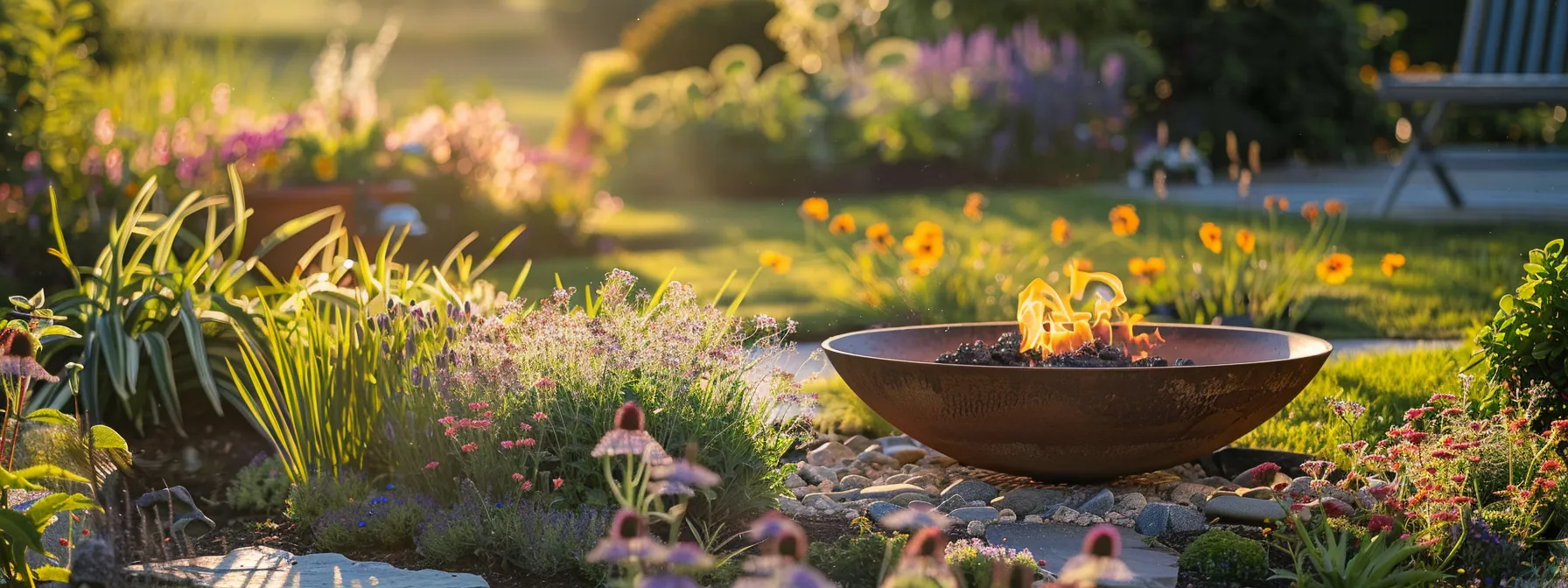 a beautifully maintained garden showcasing vibrant flowers and a stylish fire pit, bathed in warm, golden sunlight, depicting the expertise and artistry of professional landscaping. a beautifully maintained garden showcasing vibrant flowers and a stylish fire pit, bathed in warm, golden sunlight, depicting the expertise and artistry of professional landscaping.