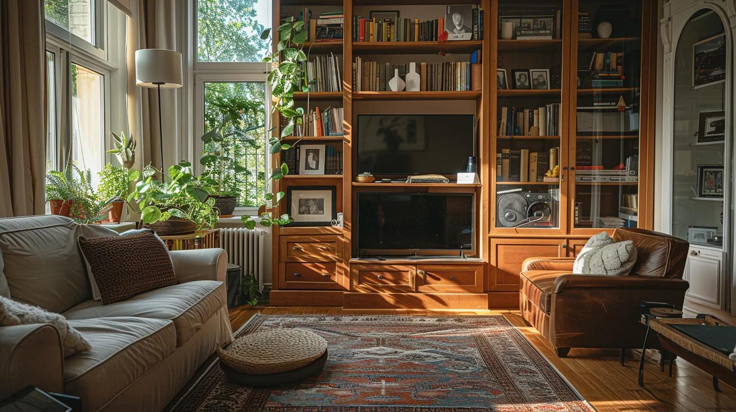 a beautifully organized and inviting living room, featuring plush furniture, a tidy bookshelf, and calming decor, creating an ideal retreat that exudes comfort and relaxation for dad.