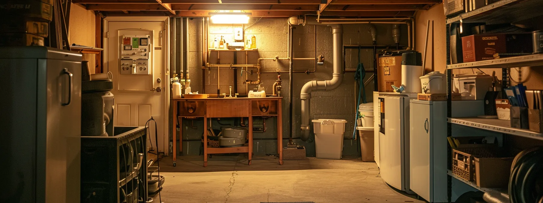 a beautifully organized basement featuring gleaming pipes and a well-maintained plumbing system, illuminated by soft, warm lighting to emphasize the importance of effective plumbing maintenance for homeowners.