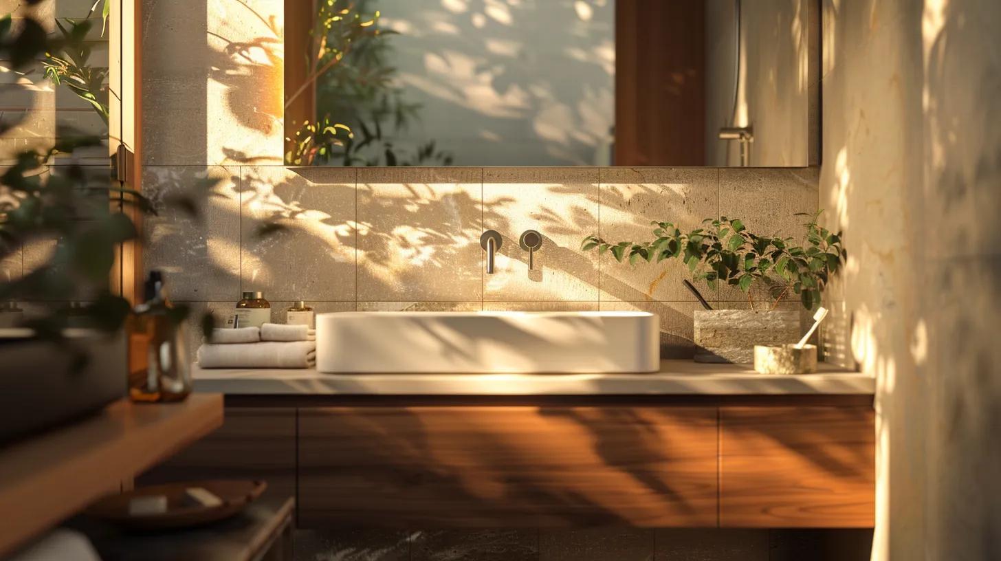 a beautifully styled bathroom showcases an elegant sink and rich textures of high-quality finishes, illuminated by soft natural light, highlighting a harmonious blend of functionality and design. a beautifully styled bathroom showcases an elegant sink and rich textures of high-quality finishes, illuminated by soft natural light, highlighting a harmonious blend of functionality and design.