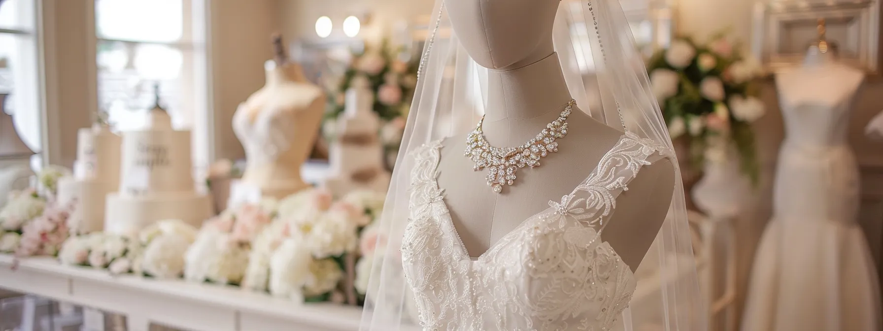 a beautifully styled mannequin in a chic bridal boutique showcases an affordable modest wedding dress elegantly complemented by a delicate veil, exquisite jewelry, and a fitted sash, all positioned against a soft, sophisticated backdrop of cream-colored walls and tasteful decor. a beautifully styled mannequin in a chic bridal boutique showcases an affordable modest wedding dress elegantly complemented by a delicate veil, exquisite jewelry, and a fitted sash, all positioned against a soft, sophisticated backdrop of cream-colored walls and tasteful decor.