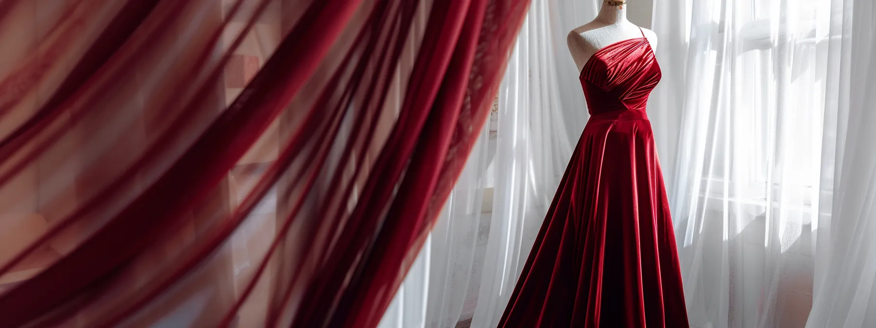 a beautifully styled modest wedding gown in rich burgundy velvet drapes elegantly on a mannequin against a sophisticated, softly lit modern bridal boutique backdrop, highlighting the luxurious texture and sophistication of the fabric. a beautifully styled modest wedding gown in rich burgundy velvet drapes elegantly on a mannequin against a sophisticated, softly lit modern bridal boutique backdrop, highlighting the luxurious texture and sophistication of the fabric.