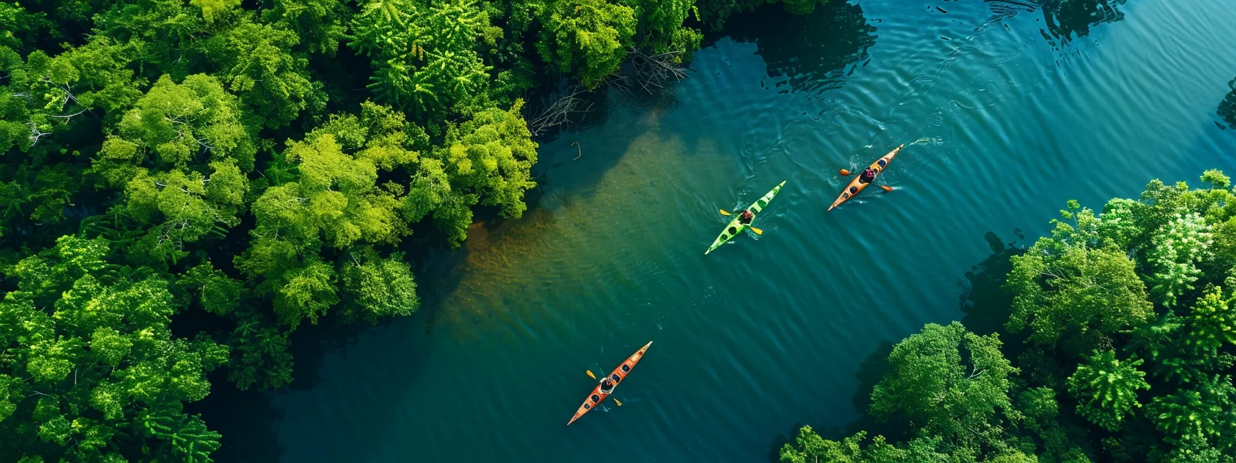 a breathtaking aerial view of the tennessee river, capturing vibrant kayakers navigating through lush green landscapes, with diverse outdoor activities and charming local attractions nestled along the banks beneath a clear blue sky.