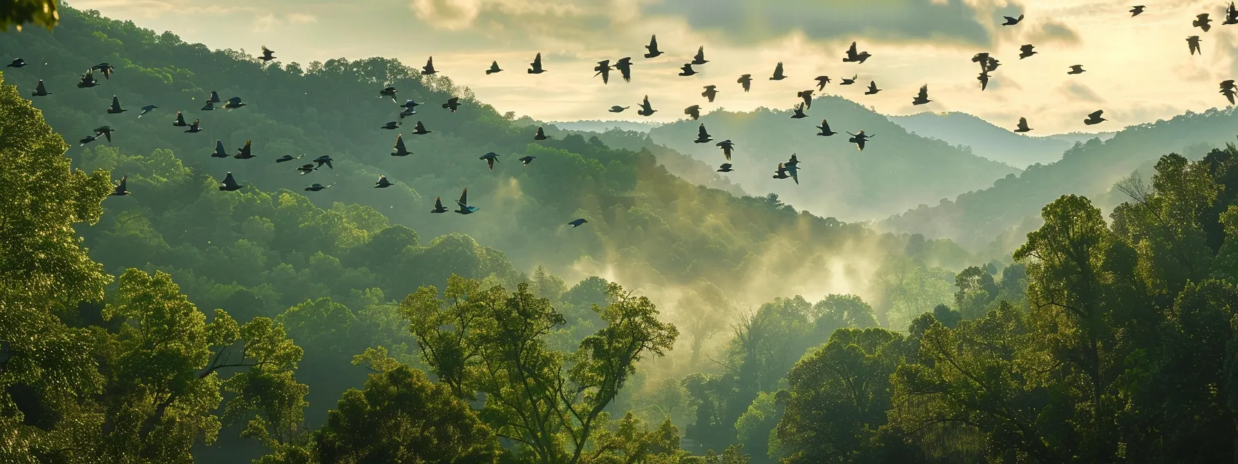 a breathtaking scene capturing a vibrant array of birds soaring above the lush, verdant banks of the ocoee river, with the majestic backdrop of the great smoky mountains under soft morning light.