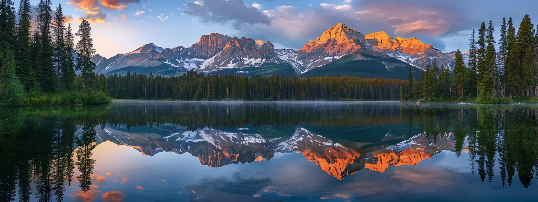 a breathtaking sunrise illuminates a tranquil mountain lake, casting vibrant reflections of the surrounding peaks and dense evergreen forests on the water's surface.