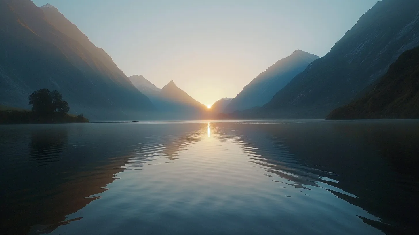 a breathtaking sunrise illuminates a tranquil lake surrounded by majestic mountains, casting vibrant reflections on the water's glassy surface.