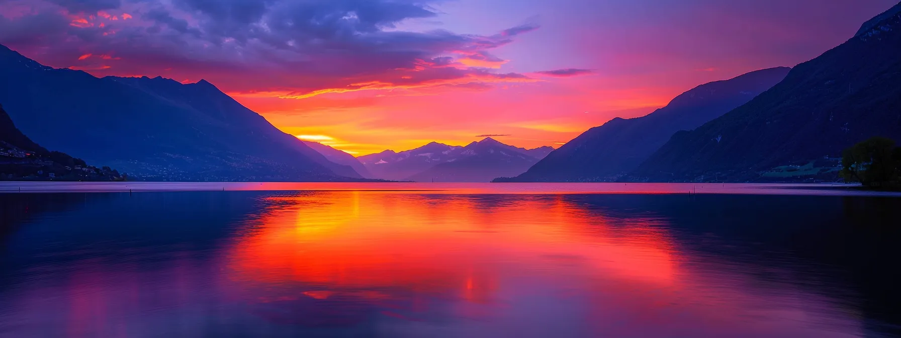 a breathtaking sunset casts vibrant hues of orange and purple across a serene lake, reflecting the fiery sky and evoking a sense of tranquility and wonder.