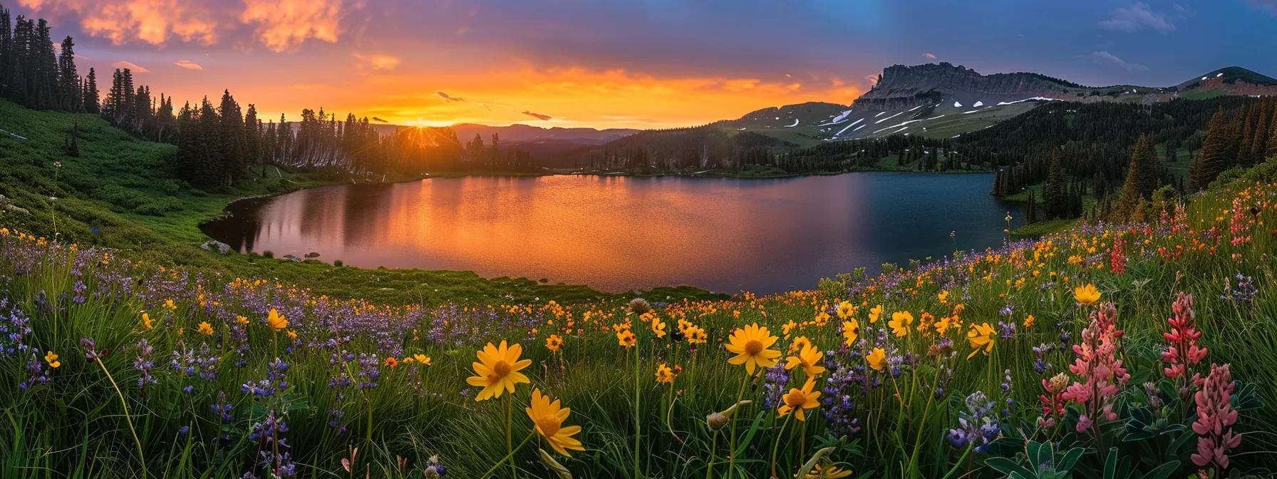 a breathtaking sunset casts a golden glow over a serene lake, where vibrant wildflowers line the shore, creating a peaceful and idyllic landscape.