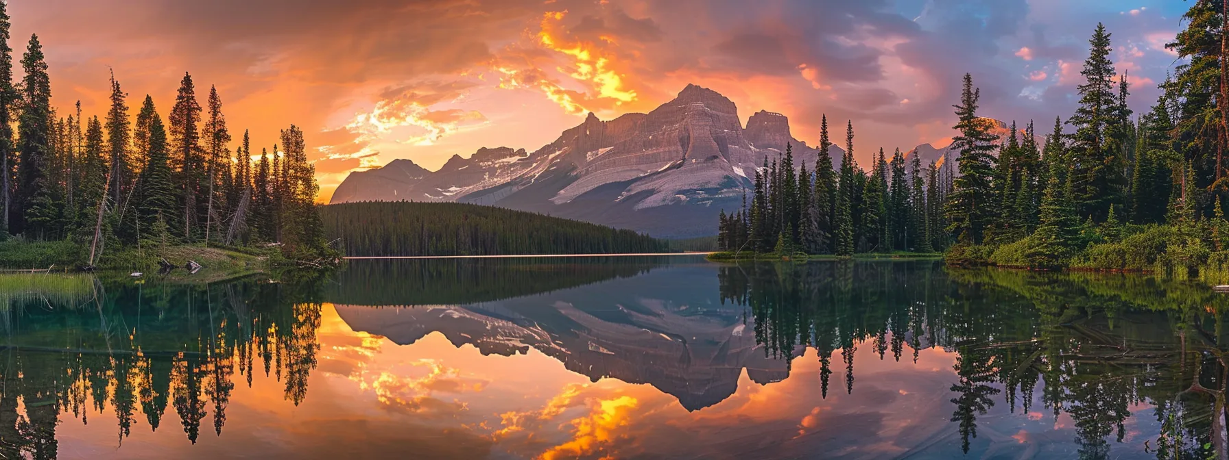 a breathtaking sunset casts a warm golden hue over a tranquil lake, with silhouettes of majestic mountains reflecting perfectly in the still water.