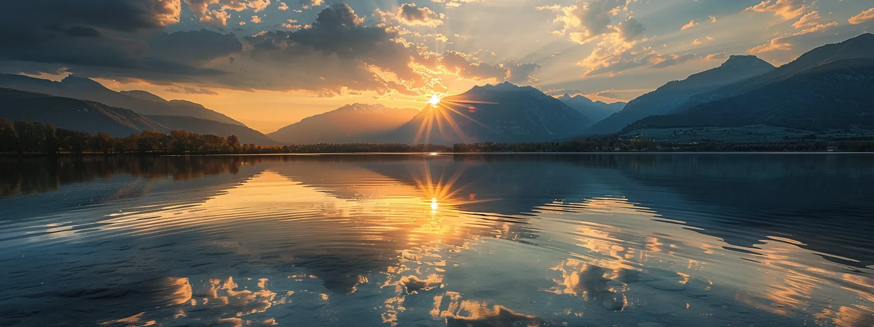 a breathtaking sunset casts a warm, golden glow over a serene lake, with majestic mountains reflecting perfectly in the still water. a breathtaking sunset casts a warm, golden glow over a serene lake, with majestic mountains reflecting perfectly in the still water.
