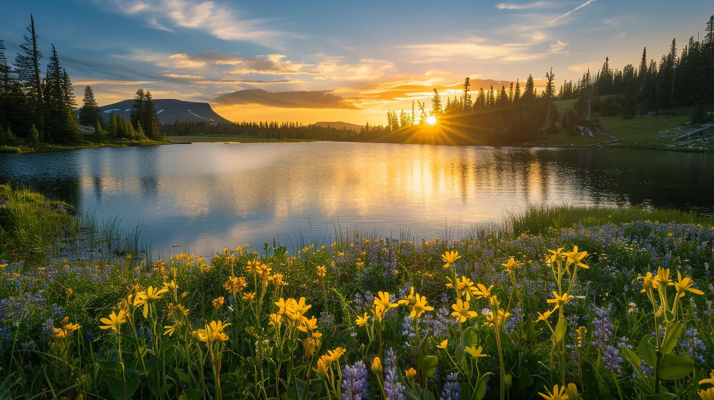 a breathtaking sunset casts a golden hue over a tranquil lake, where vibrant wildflowers bloom at the water's edge, creating a serene oasis that captures the essence of natural beauty.