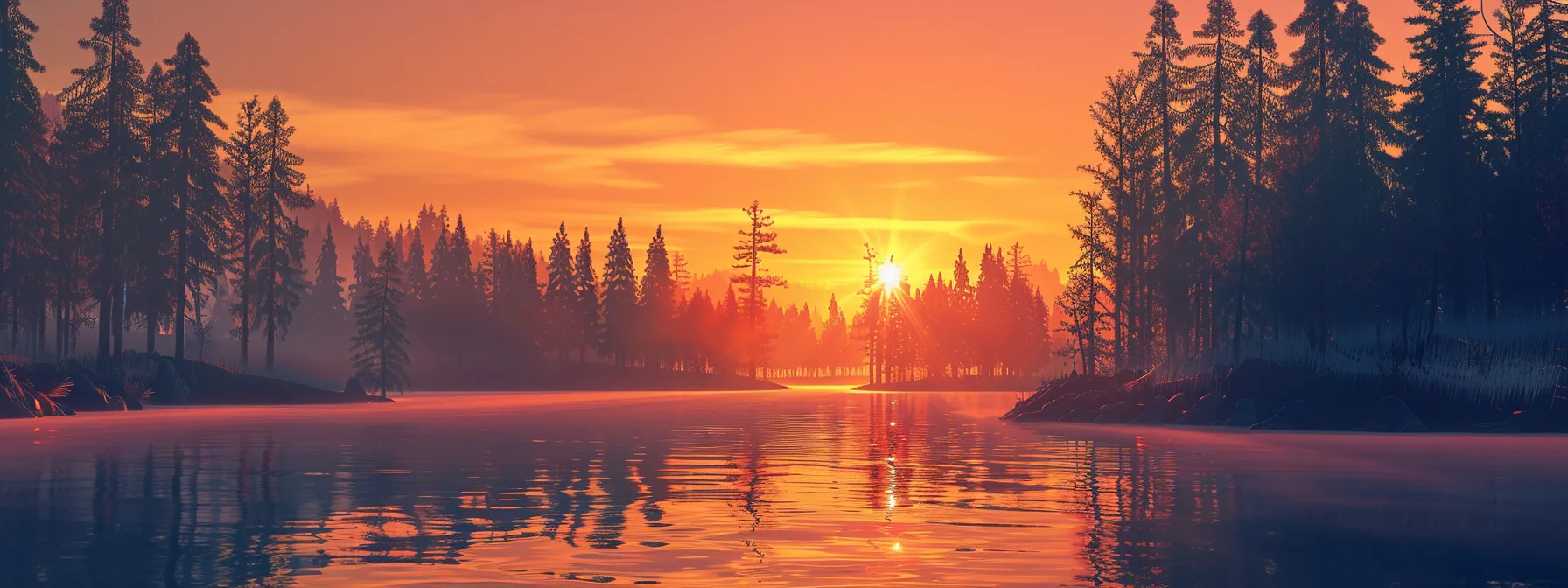 a breathtaking sunset casts a warm glow over a tranquil lake, with vibrant hues of orange and pink reflecting off the water's surface, framed by silhouettes of tall pine trees on the shore.