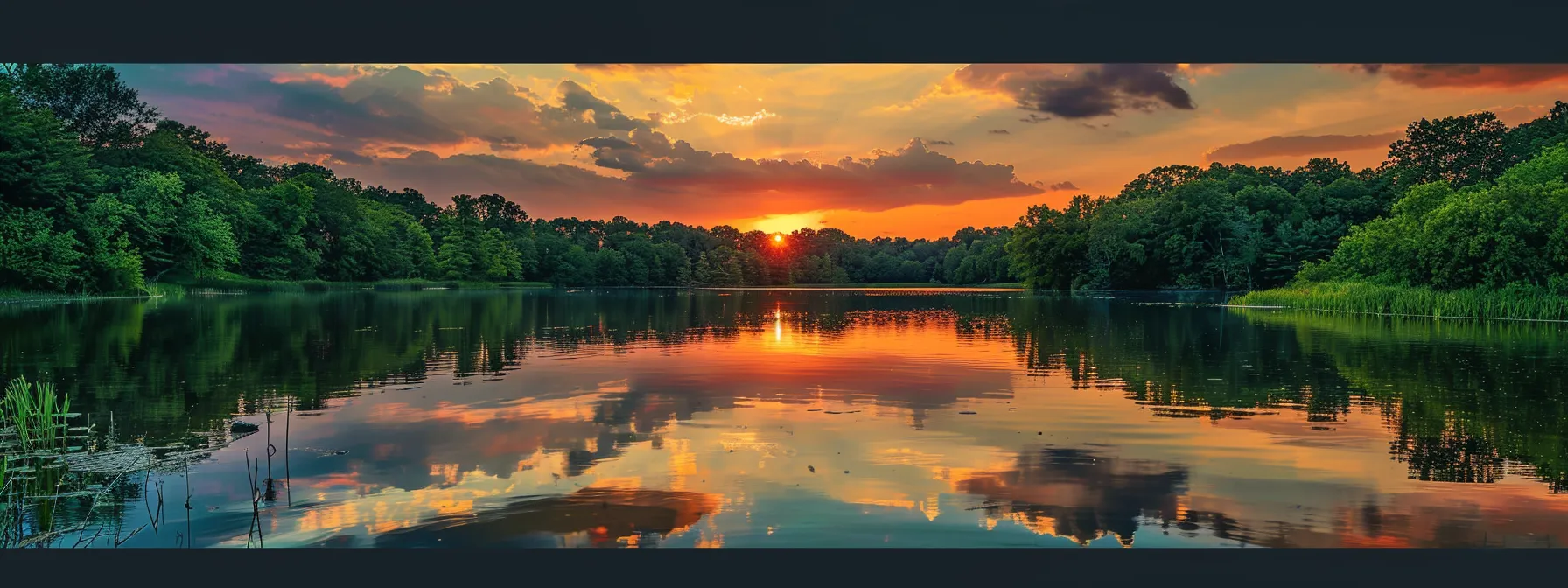 a breathtaking sunset casts a golden hue over a tranquil lake, reflecting the vibrant colors of the sky and surrounding lush greenery.