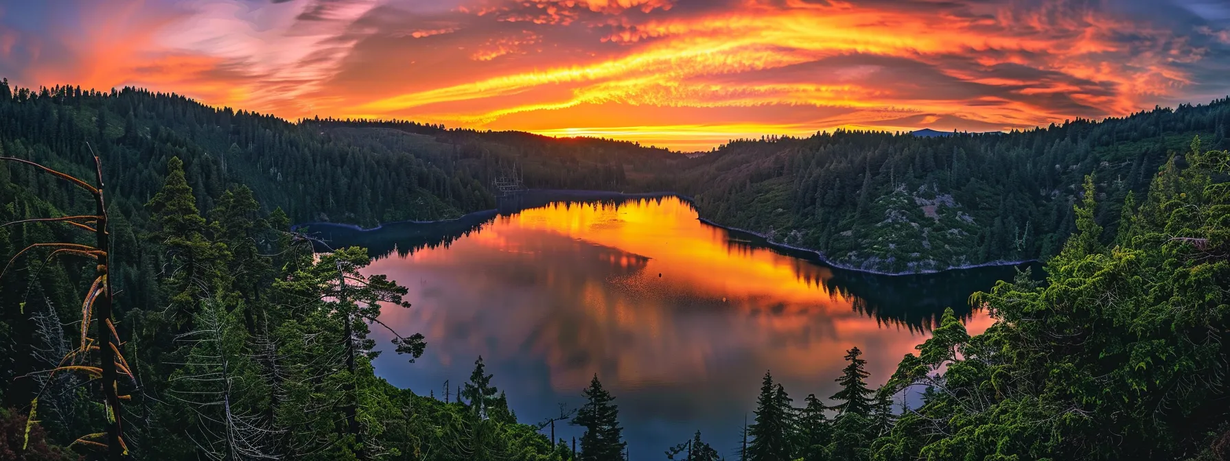 a breathtaking sunset casts golden and deep orange hues over a tranquil lake, reflecting the vibrant colors of the sky and surrounded by lush, green trees.