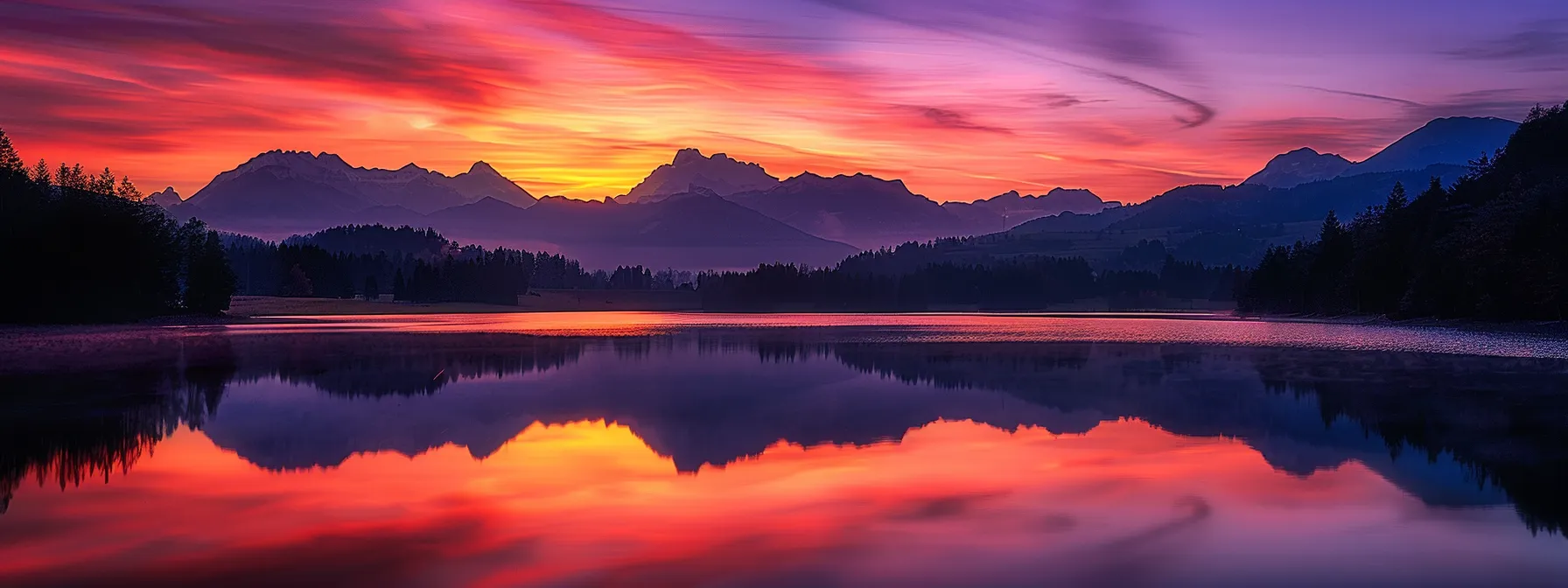 a breathtaking sunset casts vibrant orange and purple hues over a serene lake, reflecting the majesty of towering, silhouetted mountains in the background.