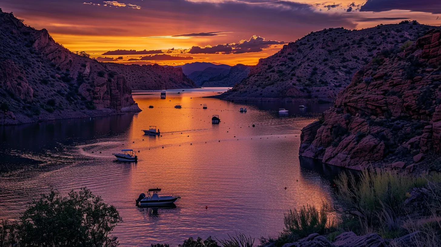 a breathtaking sunset casts vibrant reflections on the calm waters of lake pleasant, with silhouetted boats gently gliding across the lake, framed by rugged, striking cliffs that showcase arizona's dramatic landscape. a breathtaking sunset casts vibrant reflections on the calm waters of lake pleasant, with silhouetted boats gently gliding across the lake, framed by rugged, striking cliffs that showcase arizona's dramatic landscape.