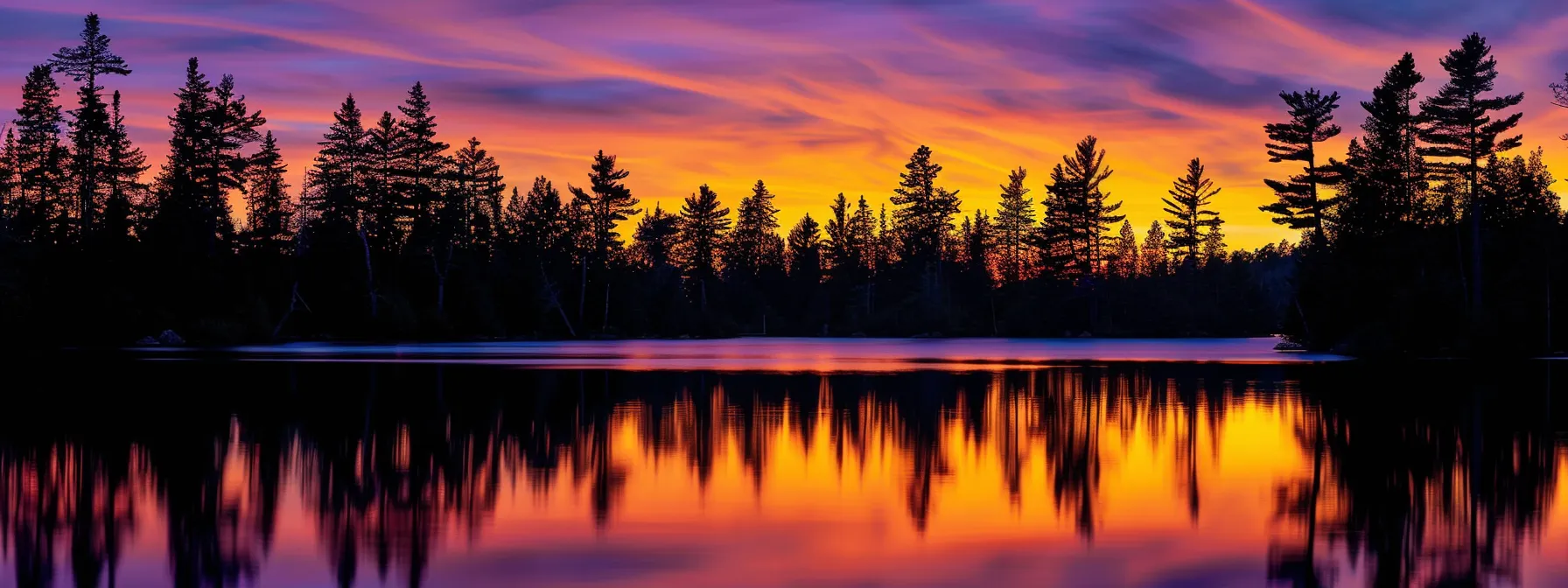 a breathtaking sunset casts vibrant hues of orange and purple over a tranquil lake, reflecting the silhouettes of towering pine trees along the shore.