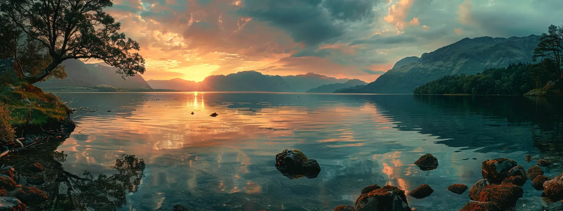 a breathtaking sunset casts vibrant hues of orange and pink over a serene lake, reflecting the tranquil beauty of nature in perfect harmony.