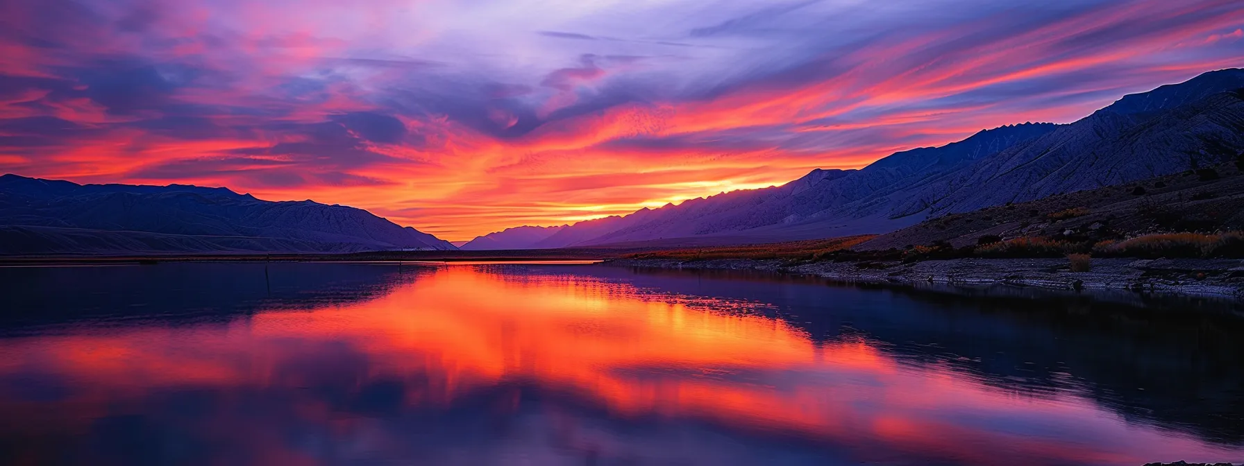 a breathtaking sunset illuminates a serene mountain landscape, casting vibrant hues of orange and purple across the sky and reflecting on a tranquil lake below.