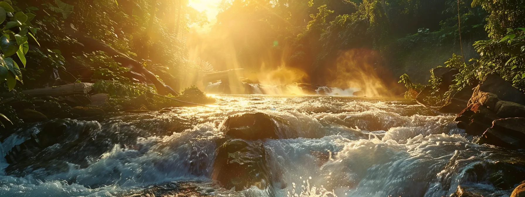 a breathtaking view captures a vibrant ocoee river with exhilarating white-water rapids, surrounded by lush greenery and illuminated by the warm glow of the setting sun, embodying the thrill and adventure of rafting.