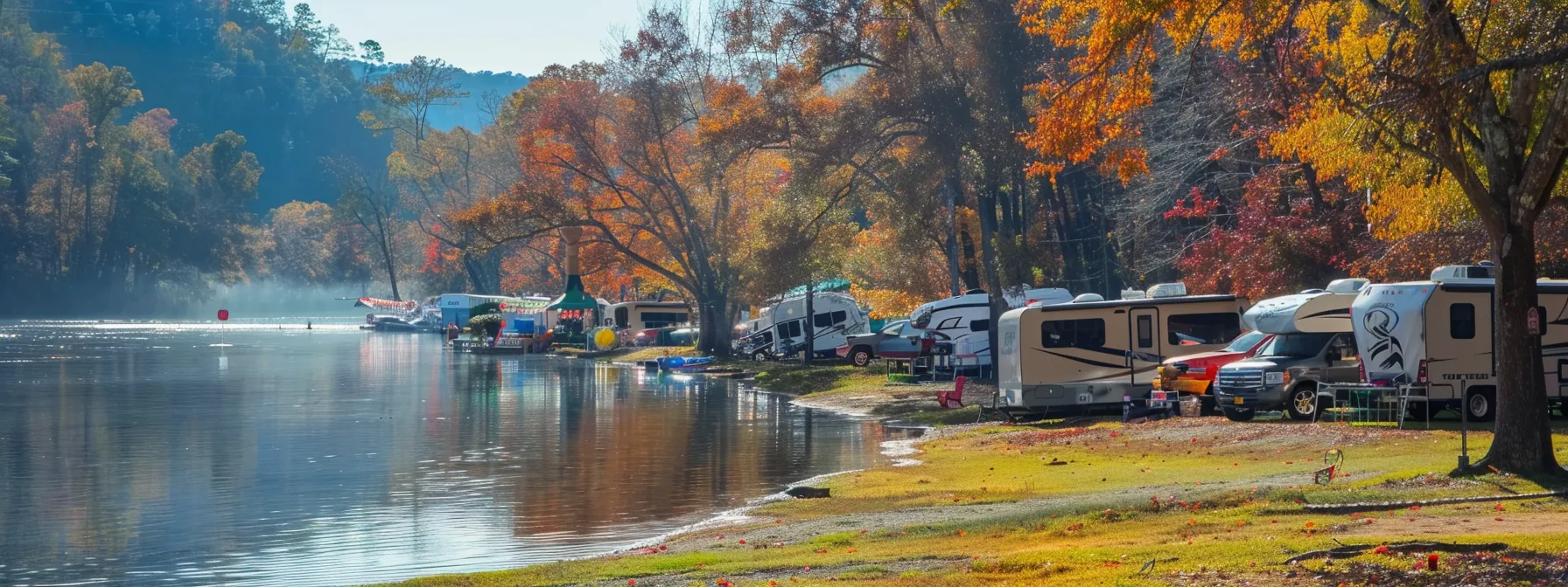 a breathtaking view of the ocoee river, with vibrant autumn foliage reflecting on the crystal-clear water, capturing the spirit of adventure and camaraderie at a bustling rv park during a local festival.