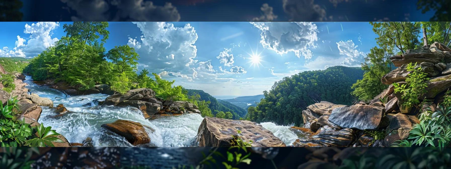 a breathtaking view of the ocoee river, capturing its exhilarating class iii and iv rapids, surrounded by lush greenery and dramatic rock formations under a vibrant blue sky, evoking the rich history and adventure of whitewater rafting.