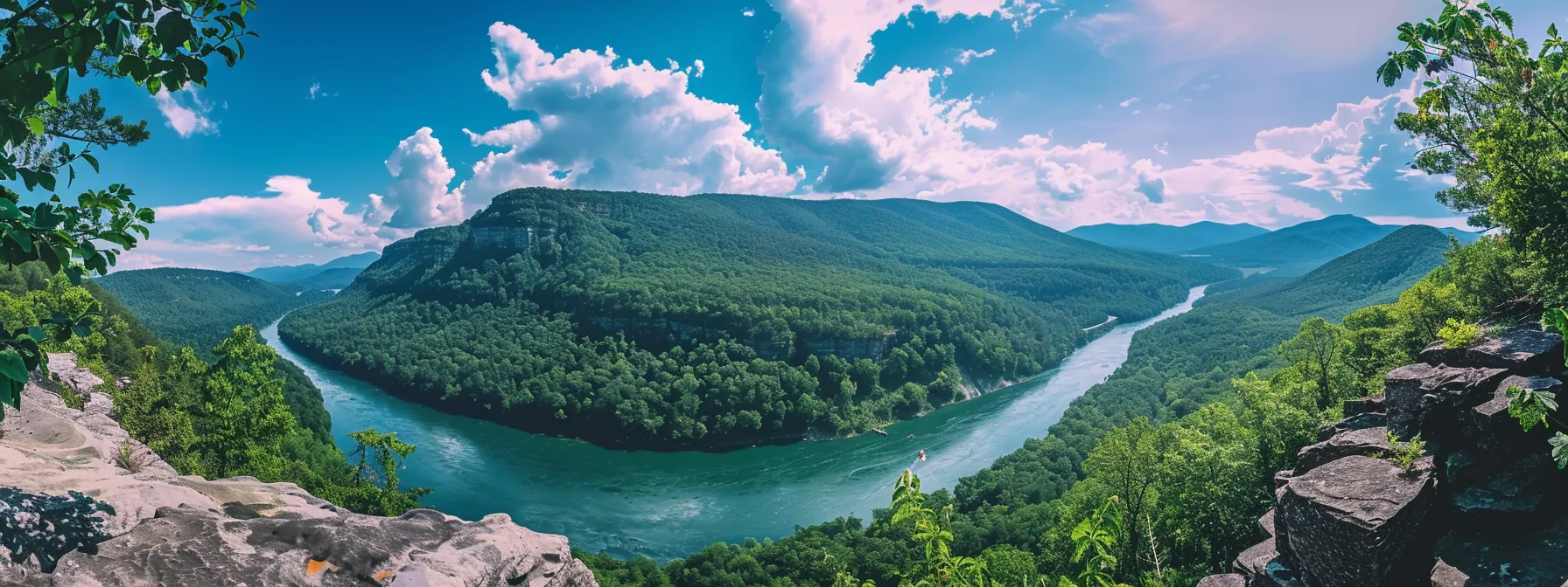a breathtaking view of the vibrant ocoee river in chattanooga, with exhilarating whitewater rapids cascading over smooth rocks, surrounded by lush green forests under a bright blue sky, perfectly capturing the thrill and beauty of adventure rafting.