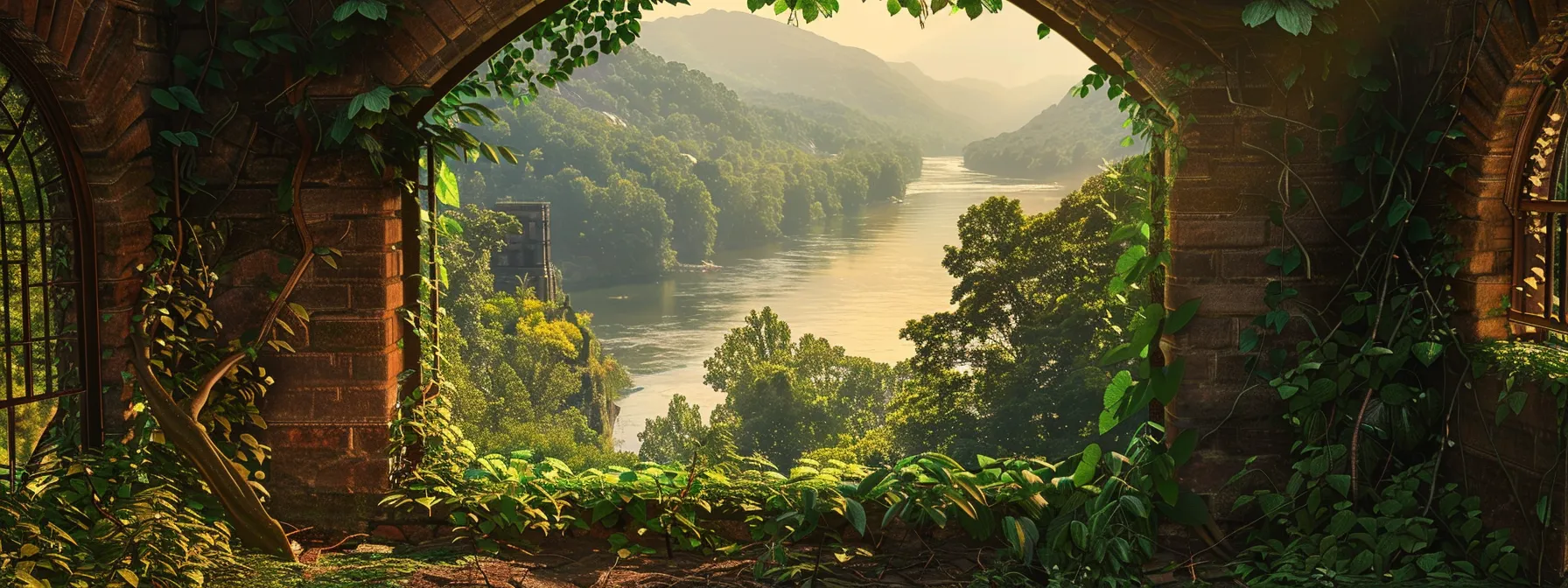 a breathtaking view of the ocoee river framed by lush greenery, showcasing a historic landmark in the foreground, bathed in soft golden sunlight that highlights the area's rich cultural heritage.