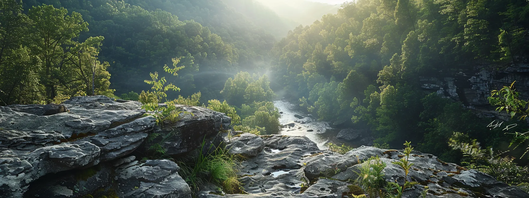 a breathtaking view of the ocoee river, surrounded by lush greenery and dramatic rock formations, captures the thrill of adventure and tranquility, illuminated by soft afternoon sunlight.