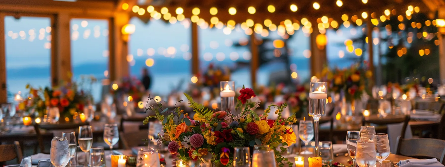 a breathtaking wedding reception set against the picturesque backdrop of whidbey island, featuring elegantly arranged tables adorned with vibrant floral centerpieces, ambient twinkling lights, and joyful couples capturing memorable moments in a cozy, intimate atmosphere. a breathtaking wedding reception set against the picturesque backdrop of whidbey island, featuring elegantly arranged tables adorned with vibrant floral centerpieces, ambient twinkling lights, and joyful couples capturing memorable moments in a cozy, intimate atmosphere.