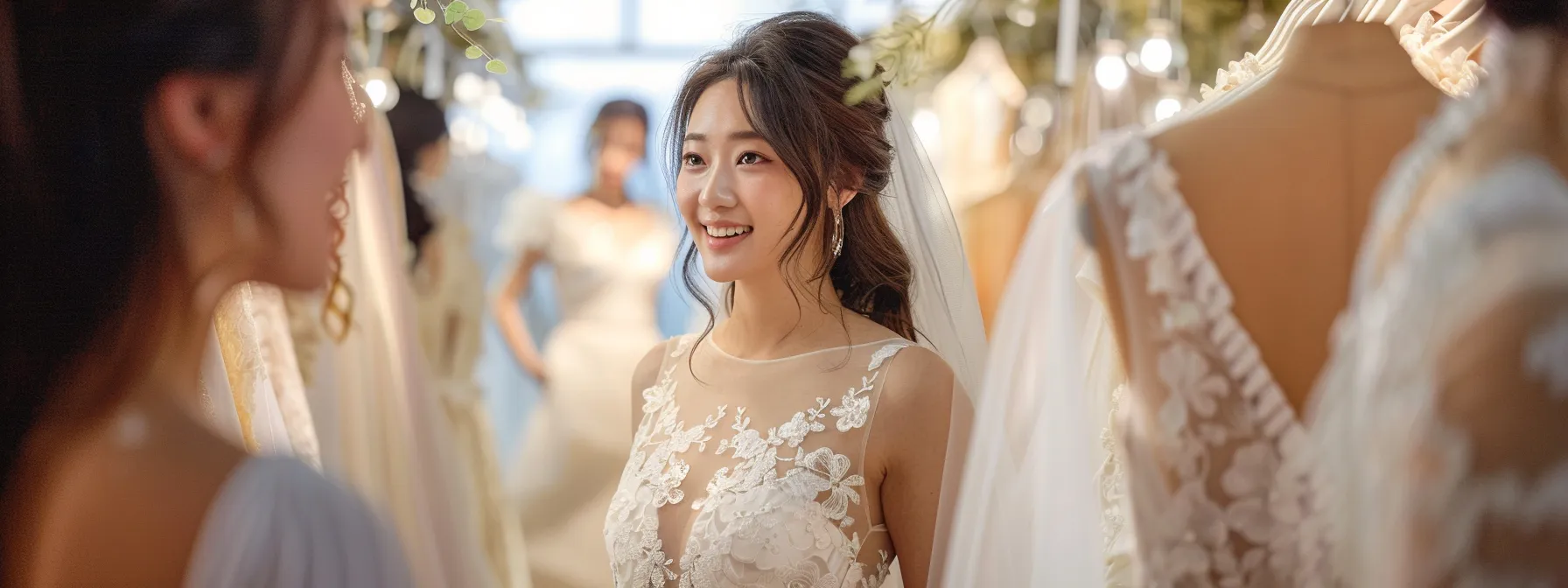 a bride surrounded by an array of elegant wedding gowns in a chic bridal boutique, thoughtfully exploring different styles while engaged in lively discussion with her friends. a bride surrounded by an array of elegant wedding gowns in a chic bridal boutique, thoughtfully exploring different styles while engaged in lively discussion with her friends.