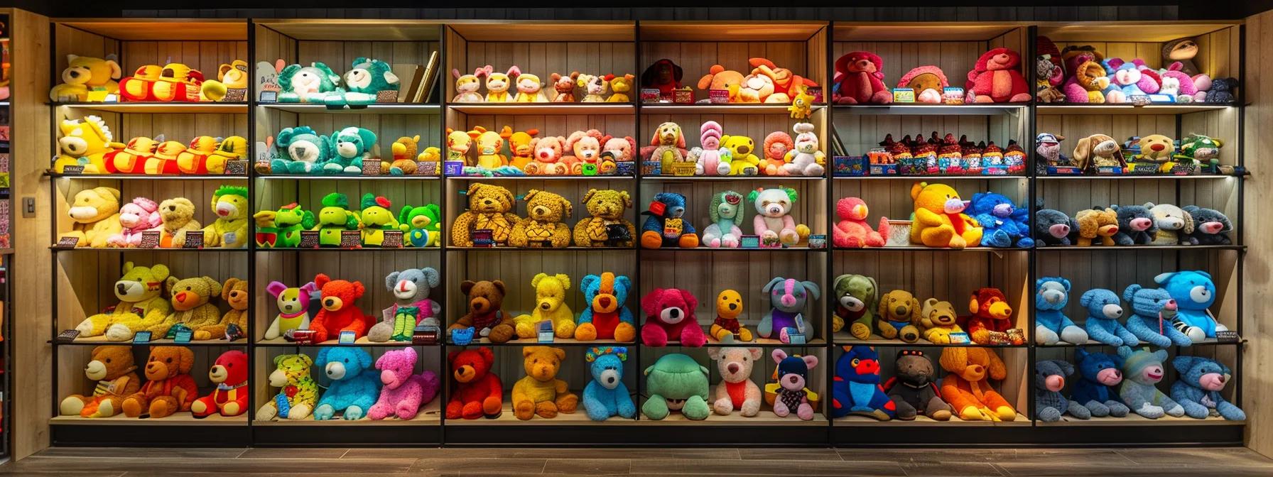 a bright and engaging pet store display showcases a variety of colorful, durable stuffed dog toys arranged neatly on shelves, emphasizing their quality and interactive designs with a modern, clean aesthetic. a bright and engaging pet store display showcases a variety of colorful, durable stuffed dog toys arranged neatly on shelves, emphasizing their quality and interactive designs with a modern, clean aesthetic.
